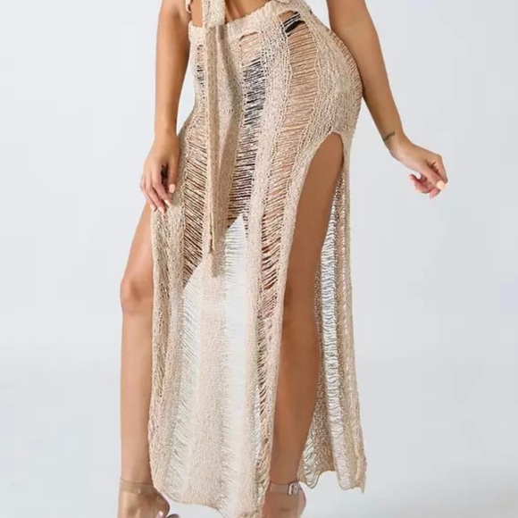 Elegantly Beige Shredded Sexy Cotton Knit Set W/Slit Skirt & Long Tie Wrap Top - Picture 3 of 9